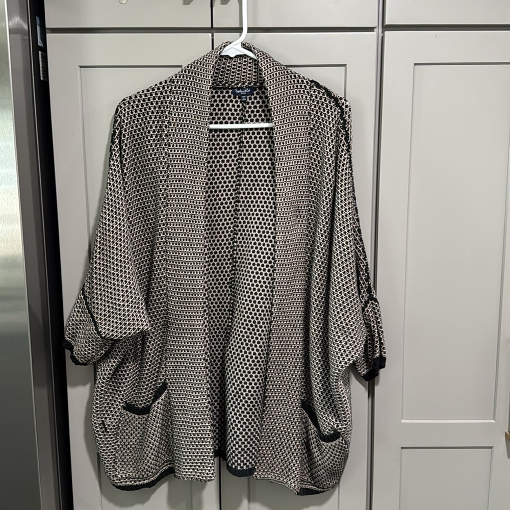 Splendid Black & Cream Cotton Silk Blend Crocheted Knit Open Front Cardigan S - Picture 5 of 7